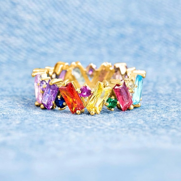 Colorful Rainbow Ring, Emerald Cut Eternity Band Rings 18K Gold Plated - Picture 1 of 3